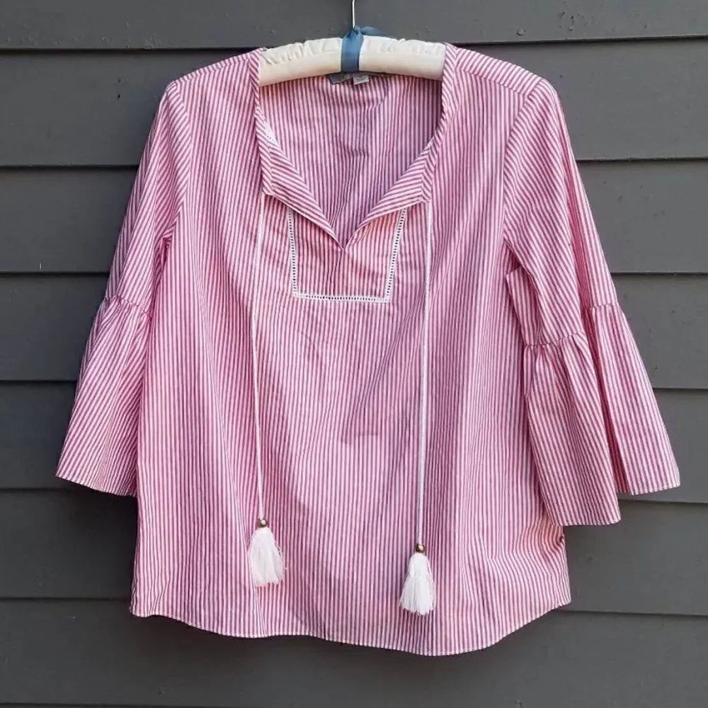 Mark New York Andrew Marc Red White Striped Peasant Shirt Medium
